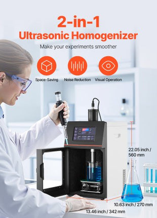 2 in 1 Ultrasonic Homogenizer, 2000W Power, 20KHz Frequency, 0.79 inch Titanium Alloy Probe, Continuous, Timer and Pulse Three Modes, Noise Reduction, Sonicator Processor Cell Disruptor Mixer