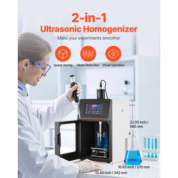 2 in 1 Ultrasonic Homogenizer, 2000W Power, 20KHz Frequency, 0.79 inch Titanium Alloy Probe, Continuous, Timer and Pulse Three Modes, Noise Reduction, Sonicator Processor Cell Disruptor Mixer