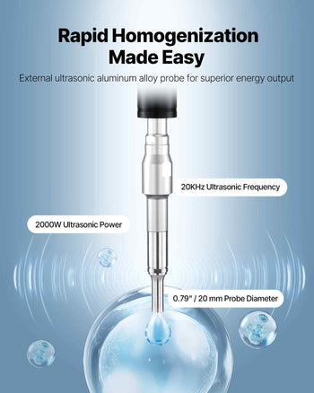 2 in 1 Ultrasonic Homogenizer, 2000W Power, 20KHz Frequency, 0.79 inch Titanium Alloy Probe, Continuous, Timer and Pulse Three Modes, Noise Reduction, Sonicator Processor Cell Disruptor Mixer
