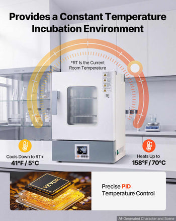 Laboratory Incubator 5.3 Gal / 20 L Microbiological Lab Incubator, For Petri Dishes, Room Temp+41℉ to 158℉ PID Temperature Control, with Digital Panel and Glass Door, Constant Temperature
