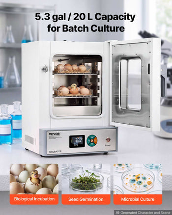 Laboratory Incubator 5.3 Gal / 20 L with Adjustable Air Circulation, For Petri Dishes, Room Temp+41℉ to 158℉ PID Temperature Control, Microbiological Lab Incubator, Digital Panel, Glass Door