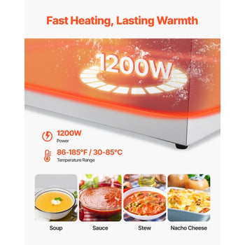 Commercial Food Warmer, 1200W Electric Stainless Steel Steam Food Warmer, Fast Heating Countertop Buffet Bain Marie with Two 1/2 Size Food Pans, for Catering, Restaurants, Parties & Buffets
