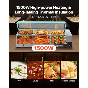 Commercial Food Warmer, 1500W Electric Stainless Steel Steam Food Warmer with Glass Cover, 3-Pan Countertop Buffet Bain Marie with Soup & Perforated Ladles, for Catering, Restaurant & Party