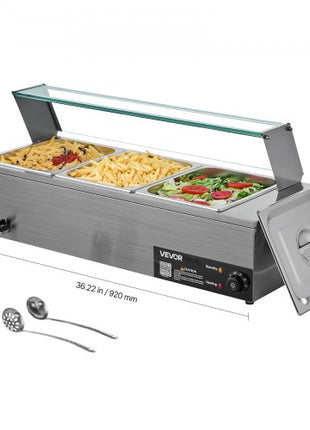 Commercial Food Warmer, 1500W Electric Stainless Steel Steam Food Warmer with Glass Cover, 3-Pan Countertop Buffet Bain Marie with Soup & Perforated Ladles, for Catering, Restaurant & Party