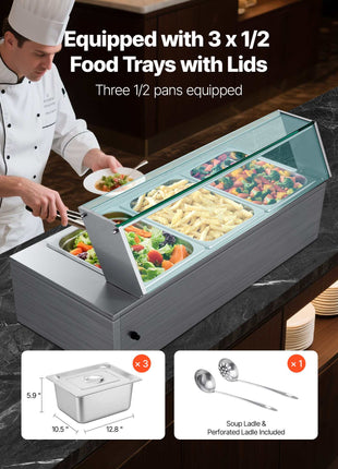 Commercial Food Warmer, 1500W Electric Stainless Steel Steam Food Warmer with Glass Cover, 3-Pan Countertop Buffet Bain Marie with Soup & Perforated Ladles, for Catering, Restaurant & Party