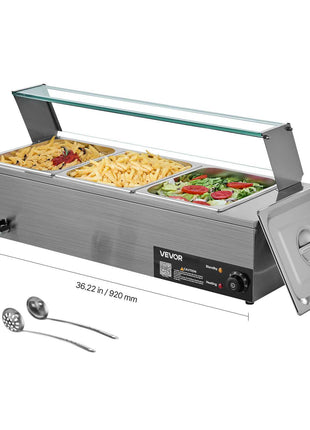 Commercial Food Warmer, 1500W Electric Stainless Steel Steam Food Warmer with Glass Cover, 3-Pan Countertop Buffet Bain Marie with Soup & Perforated Ladles, for Catering, Restaurant & Party