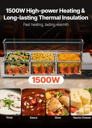 Commercial Food Warmer, 1500W Electric Stainless Steel Steam Food Warmer with Glass Cover, Countertop Buffet Bain Marie with Three 1/2 Size Food Pans, for Catering, Restaurant, Party & Buffets