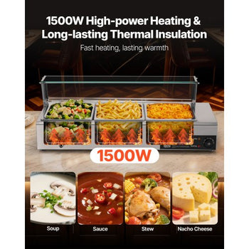 Commercial Food Warmer, 1500W Electric Stainless Steel Steam Food Warmer with Glass Cover, Countertop Buffet Bain Marie with Three 1/2 Size Food Pans, for Catering, Restaurant, Party & Buffets