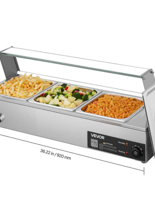 Commercial Food Warmer, 1500W Electric Stainless Steel Steam Food Warmer with Glass Cover, Countertop Buffet Bain Marie with Three 1/2 Size Food Pans, for Catering, Restaurant, Party & Buffets