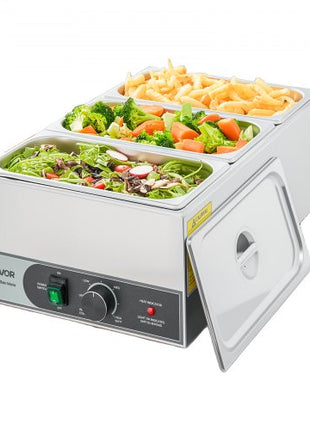 Commercial Food Warmer, 1200W Electric Stainless Steel Steam Food Warmer, Fast Heating Countertop Buffet Bain Marie with Three 1/3 Size Food Pans, for Catering, Restaurants, Parties & Buffets