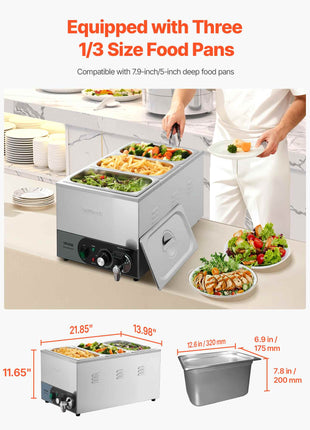 Commercial Food Warmer, 1200W Electric Stainless Steel Steam Food Warmer, Fast Heating Countertop Buffet Bain Marie with Detachable Power Cord, for Catering, Restaurants, Parties & Buffets