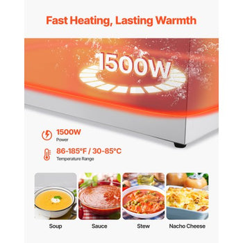 Commercial Food Warmer, 1500W Electric Stainless Steel Steam Food Warmer, Fast Heating Countertop Buffet Bain Marie with Four 1/3 Size Food Pans, for Catering, Restaurants, Parties & Buffets