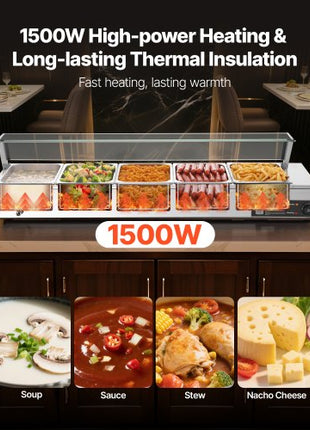 Commercial Food Warmer, 1500W Electric Stainless Steel Steam Food Warmer with Glass Cover, Countertop Buffet Bain Marie with Five 1/2 Size Food Pans, for Catering, Restaurant, Party & Buffets