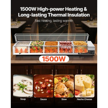 Commercial Food Warmer, 1500W Electric Stainless Steel Steam Food Warmer with Glass Cover, Countertop Buffet Bain Marie with Five 1/2 Size Food Pans, for Catering, Restaurant, Party & Buffets