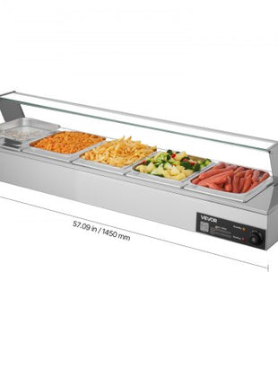 Commercial Food Warmer, 1500W Electric Stainless Steel Steam Food Warmer with Glass Cover, Countertop Buffet Bain Marie with Five 1/2 Size Food Pans, for Catering, Restaurant, Party & Buffets