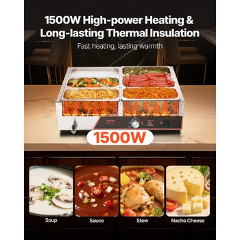 Commercial Food Warmer, 1500W Electric Stainless Steel Steam Food Warming with Lid, 6-Pan Fast Heating Countertop Buffet Bain Marie with Power Cord, for Catering, Restaurant, Party & Buffets