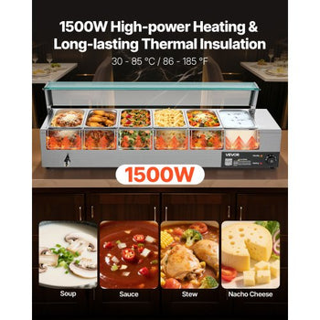 Commercial Food Warmer, 1500W Electric Stainless Steel Steam Food Warmer with Glass Cover, 6 x 1/3 Size Pans Buffet Bain Marie with Soup & Perforated Ladles, for Catering, Restaurant & Party