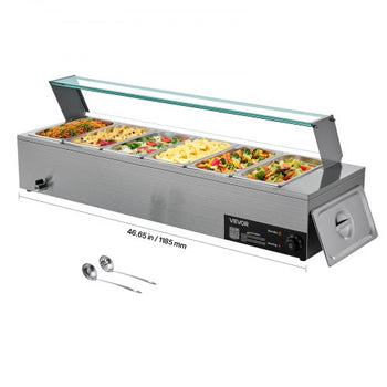 Commercial Food Warmer, 1500W Electric Stainless Steel Steam Food Warmer with Glass Cover, 6 x 1/3 Size Pans Buffet Bain Marie with Soup & Perforated Ladles, for Catering, Restaurant & Party