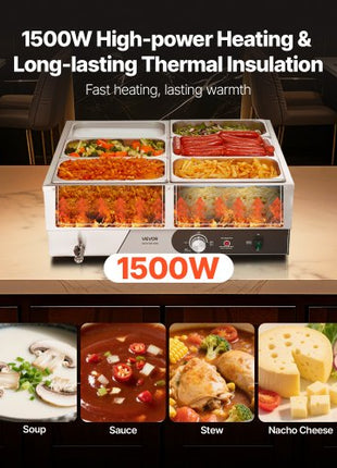 Commercial Food Warmer, 1500W Electric Stainless Steel Steam Food Warming with Lid, Fast Heating Countertop Buffet Bain Marie with Six 1/3 Size Food Pans, for Catering, Restaurant and Party
