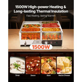Commercial Food Warmer, 1500W Electric Stainless Steel Steam Food Warming with Lid, Fast Heating Countertop Buffet Bain Marie with Six 1/3 Size Food Pans, for Catering, Restaurant and Party
