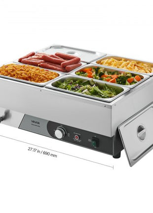 Commercial Food Warmer, 1500W Electric Stainless Steel Steam Food Warming with Lid, Fast Heating Countertop Buffet Bain Marie with Six 1/3 Size Food Pans, for Catering, Restaurant and Party