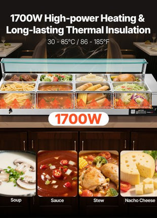 Commercial Food Warmer, 1700W Electric Stainless Steel Steam Food Warmer with Glass Cover, 8-Pan Countertop Buffet Bain Marie with Soup & Perforated Ladles, for Catering, Restaurant & Party