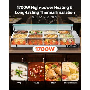 Commercial Food Warmer, 1700W Electric Stainless Steel Steam Food Warmer with Glass Cover, 8-Pan Countertop Buffet Bain Marie with Soup & Perforated Ladles, for Catering, Restaurant & Party