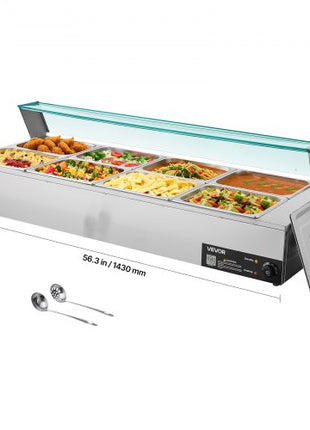 Commercial Food Warmer, 1700W Electric Stainless Steel Steam Food Warmer with Glass Cover, 8-Pan Countertop Buffet Bain Marie with Soup & Perforated Ladles, for Catering, Restaurant & Party