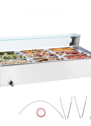 Commercial Food Warmer, 1500W Electric Stainless Steel Steam Food Warmer with Glass Cover, 9-Pan Countertop Buffet Bain Marie with Soup & Perforated Ladles, for Catering, Restaurant & Party
