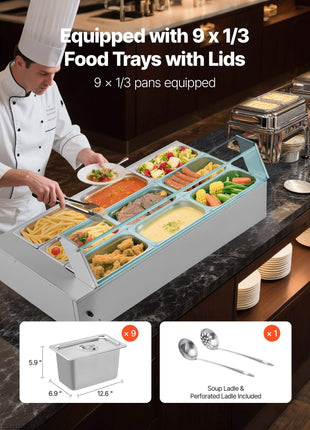 Commercial Food Warmer, 1500W Electric Stainless Steel Steam Food Warmer with Glass Cover, 9-Pan Countertop Buffet Bain Marie with Soup & Perforated Ladles, for Catering, Restaurant & Party