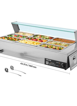 Commercial Food Warmer, 1500W Electric Stainless Steel Steam Food Warmer with Glass Cover, 9-Pan Countertop Buffet Bain Marie with Soup & Perforated Ladles, for Catering, Restaurant & Party