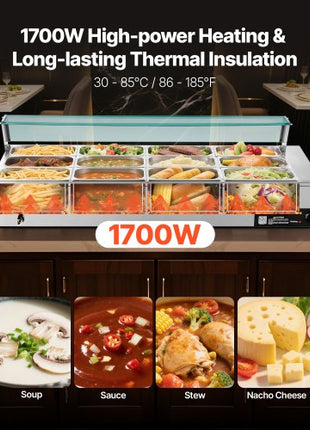 Commercial Food Warmer, 1700W Electric Stainless Steel Steam Food Warmer with Glass Cover, 12-Pan Countertop Buffet Bain Marie with Soup & Perforated Ladles, for Catering, Restaurant & Party