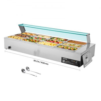 Commercial Food Warmer, 1700W Electric Stainless Steel Steam Food Warmer with Glass Cover, 12-Pan Countertop Buffet Bain Marie with Soup & Perforated Ladles, for Catering, Restaurant & Party