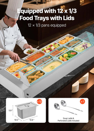 Commercial Food Warmer, 1700W Electric Stainless Steel Steam Food Warmer with Glass Cover, 12-Pan Countertop Buffet Bain Marie with Soup & Perforated Ladles, for Catering, Restaurant & Party