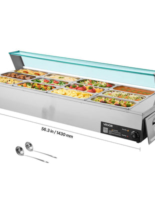 Commercial Food Warmer, 1700W Electric Stainless Steel Steam Food Warmer with Glass Cover, 12-Pan Countertop Buffet Bain Marie with Soup & Perforated Ladles, for Catering, Restaurant & Party