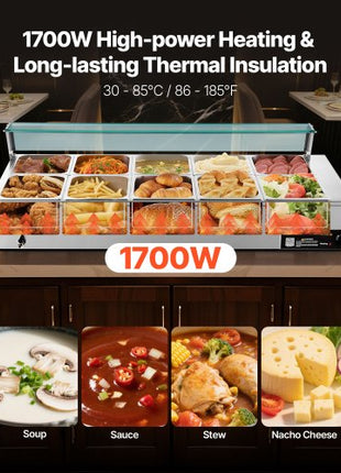 Commercial Food Warmer, 1700W Electric Stainless Steel Steam Food Warmer with Glass Cover, 10-Pan Countertop Buffet Bain Marie with Soup & Perforated Ladles, for Catering, Restaurant & Party