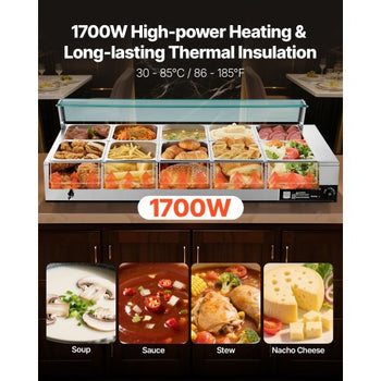 Commercial Food Warmer, 1700W Electric Stainless Steel Steam Food Warmer with Glass Cover, 10-Pan Countertop Buffet Bain Marie with Soup & Perforated Ladles, for Catering, Restaurant & Party