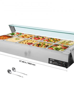 Commercial Food Warmer, 1700W Electric Stainless Steel Steam Food Warmer with Glass Cover, 10-Pan Countertop Buffet Bain Marie with Soup & Perforated Ladles, for Catering, Restaurant & Party