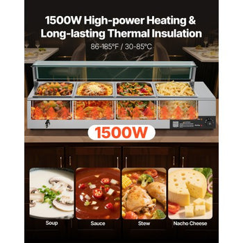 Commercial Food Warmer, 1500W Electric Stainless Steel Steam Food Warmer with Glass Cover, 4-Pan Countertop Buffet Bain Marie with Soup & Perforated Ladles, for Catering, Restaurant & Party