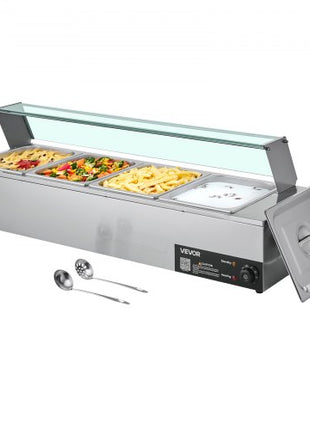 Commercial Food Warmer, 1500W Electric Stainless Steel Steam Food Warmer with Glass Cover, 4-Pan Countertop Buffet Bain Marie with Soup & Perforated Ladles, for Catering, Restaurant & Party