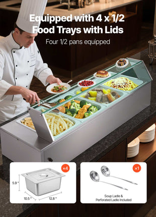 Commercial Food Warmer, 1500W Electric Stainless Steel Steam Food Warmer with Glass Cover, 4-Pan Countertop Buffet Bain Marie with Soup & Perforated Ladles, for Catering, Restaurant & Party