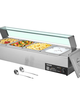 Commercial Food Warmer, 1500W Electric Stainless Steel Steam Food Warmer with Glass Cover, 4-Pan Countertop Buffet Bain Marie with Soup & Perforated Ladles, for Catering, Restaurant & Party
