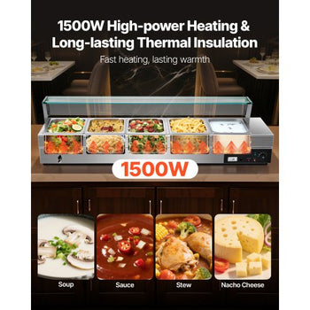 60QT Commercial Food Warmer, 5-Pan Electric Steam Table with Glass Cover, 1500W Countertop Stainless Steel Buffet Bain Marie with 86-185°F Temp Control for Catering, Buffet, Parties, Restaurants