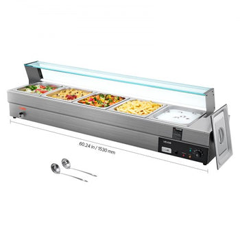 60QT Commercial Food Warmer, 5-Pan Electric Steam Table with Glass Cover, 1500W Countertop Stainless Steel Buffet Bain Marie with 86-185°F Temp Control for Catering, Buffet, Parties, Restaurants
