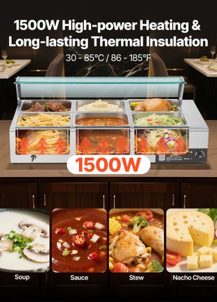 Commercial Food Warmer, 1500W Electric Stainless Steel Steam Food Warmer with Glass Cover, 6 x 1/2 Size Pans Buffet Bain Marie with Soup & Perforated Ladles, for Catering, Restaurant & Party