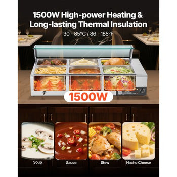 Commercial Food Warmer, 1500W Electric Stainless Steel Steam Food Warmer with Glass Cover, 6 x 1/2 Size Pans Buffet Bain Marie with Soup & Perforated Ladles, for Catering, Restaurant & Party