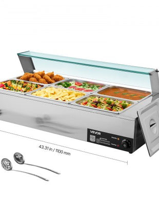 Commercial Food Warmer, 1500W Electric Stainless Steel Steam Food Warmer with Glass Cover, 6 x 1/2 Size Pans Buffet Bain Marie with Soup & Perforated Ladles, for Catering, Restaurant & Party