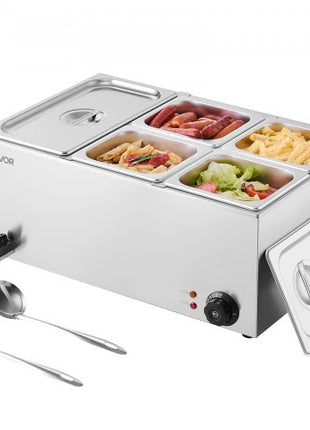 24QT Commercial Food Warmer, 5-Pan Electric Steam Table, 1200W Professional Countertop Stainless Steel Buffet Bain Marie with 86-185°F Temp Control for Catering, Buffet, Parties, Restaurants