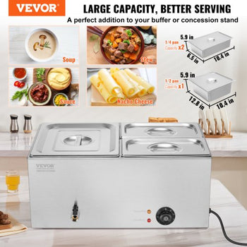 24QT Commercial Food Warmer, 3-Pan Electric Steam Table, 1200W Professional Countertop Stainless Steel Buffet Bain Marie with 86-185°F Temp Control for Catering, Buffet, Parties, Restaurants