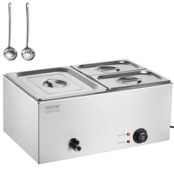 24QT Commercial Food Warmer, 3-Pan Electric Steam Table, 1200W Professional Countertop Stainless Steel Buffet Bain Marie with 86-185°F Temp Control for Catering, Buffet, Parties, Restaurants
